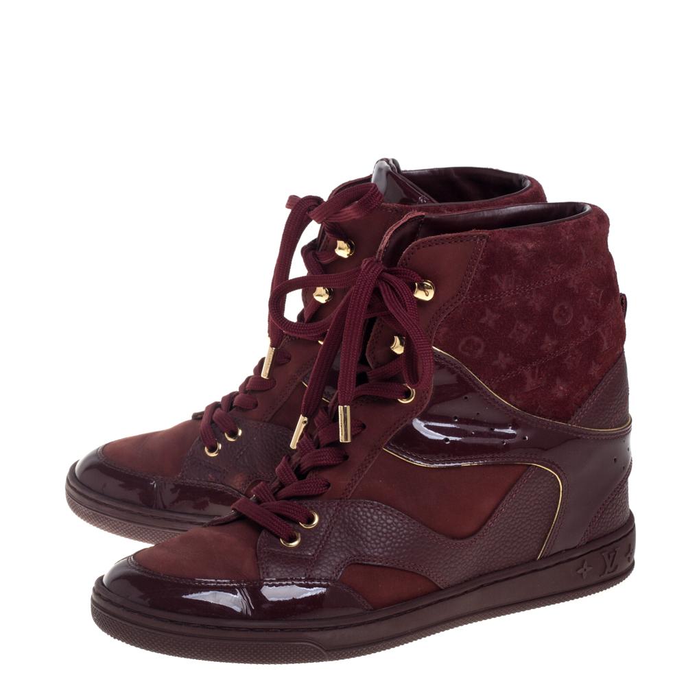 Louis Vuitton Burgundy Patent Leather and Suede Monogram Wedge Boots Size 37.5 1