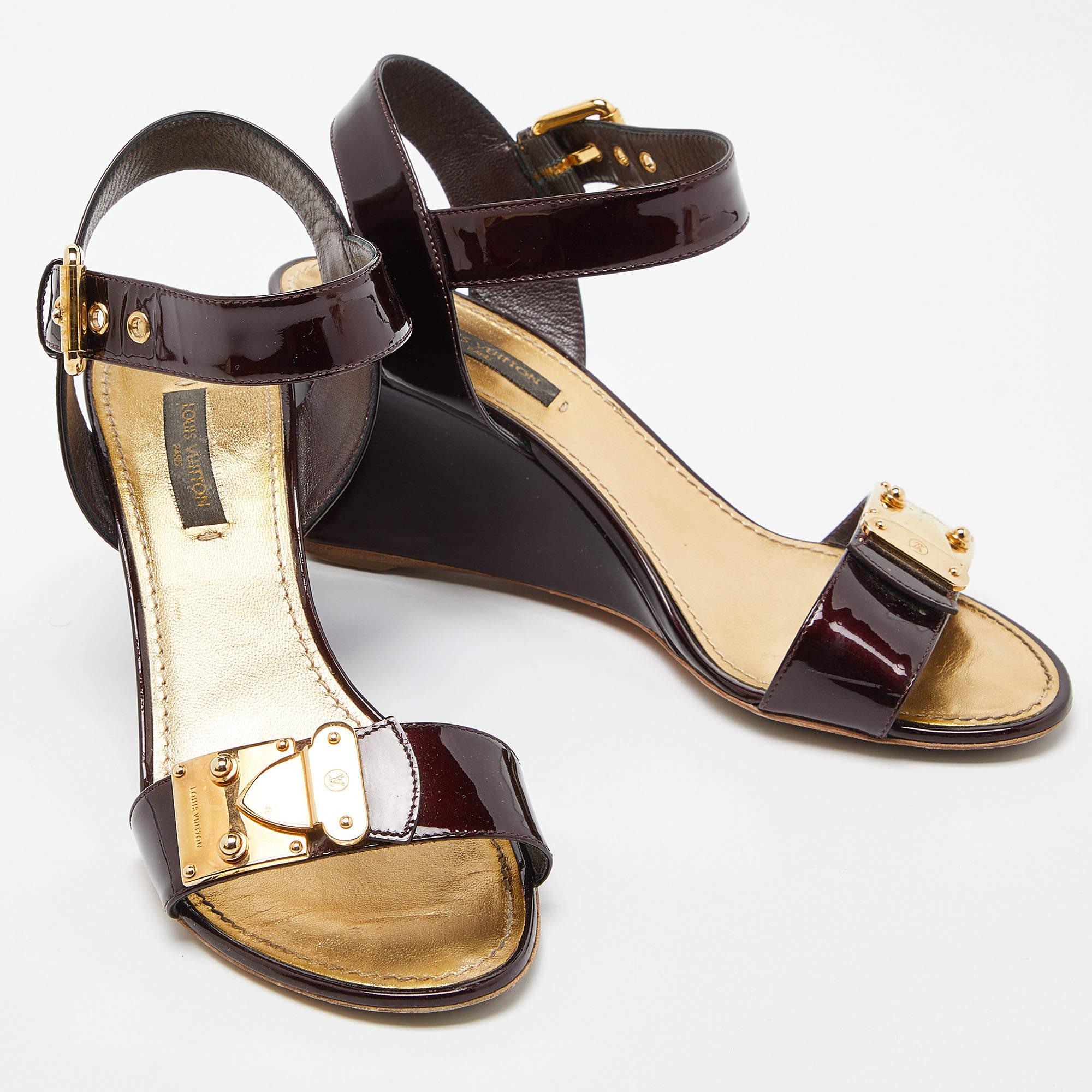 Black Louis Vuitton Burgundy Patent Leather Wedge Ankle Strap Sandals Size 37 For Sale