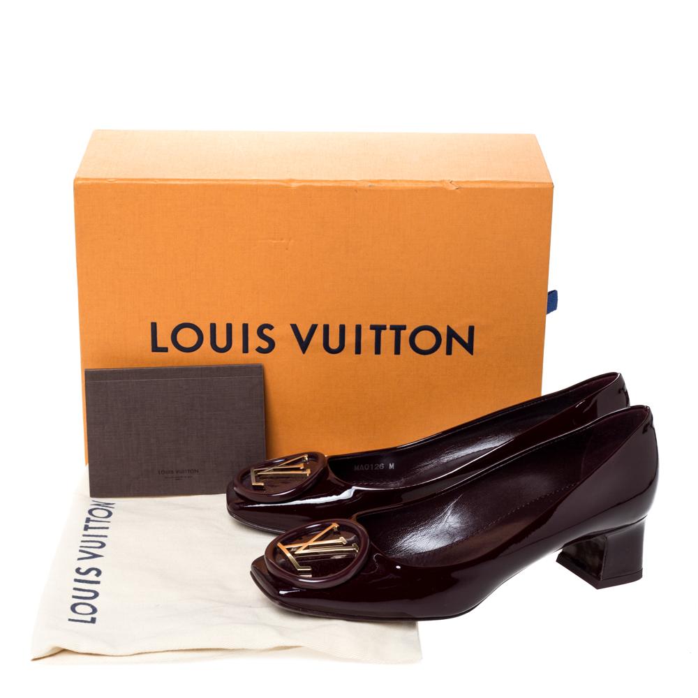 Women's Louis Vuitton Burgundy Patent Madeleine Logo Block Heel Pumps Size 36.5