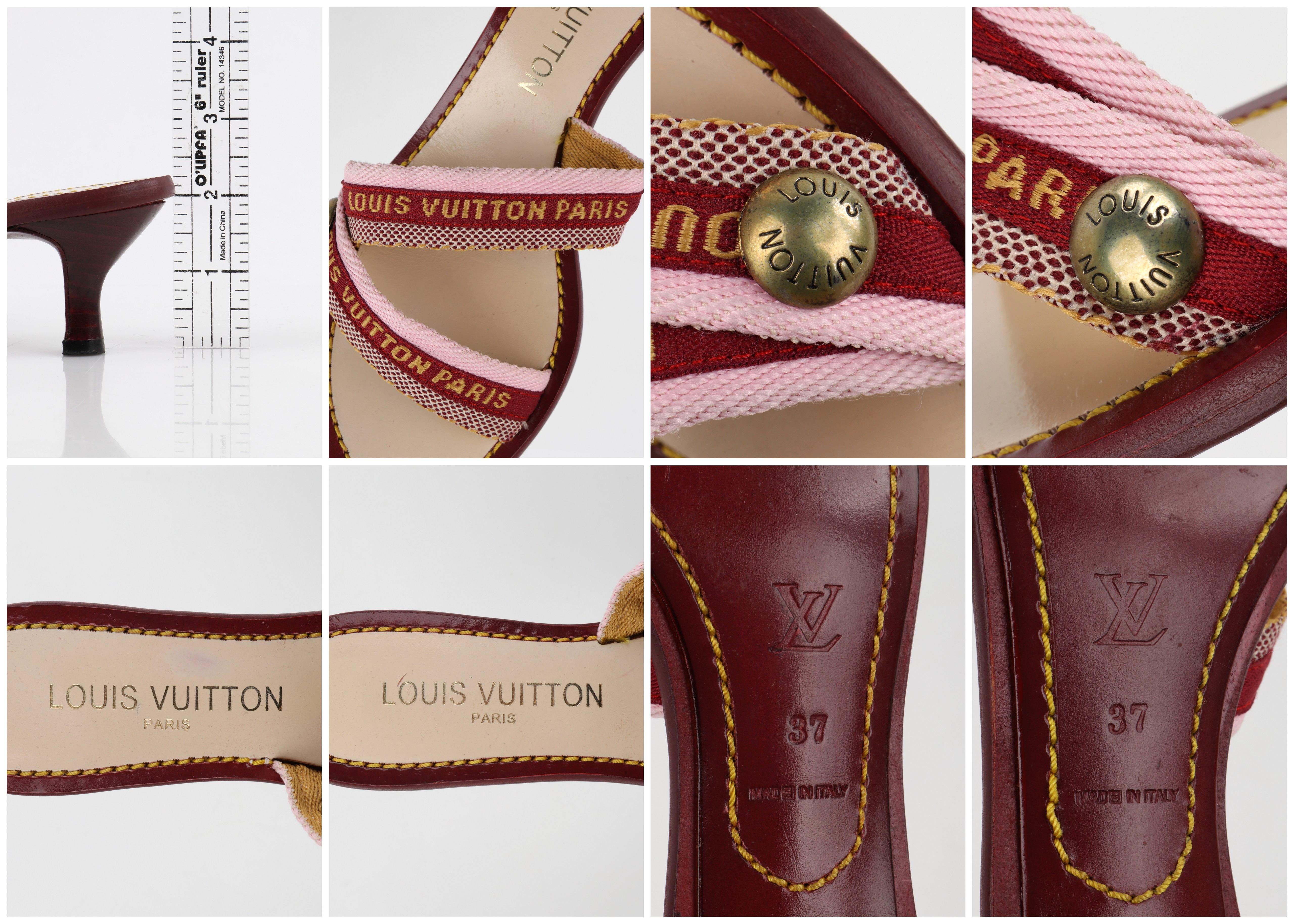LOUIS VUITTON Burgundy Pink Logo Embroidered Strappy Slide Sandal Kitten Heels 3