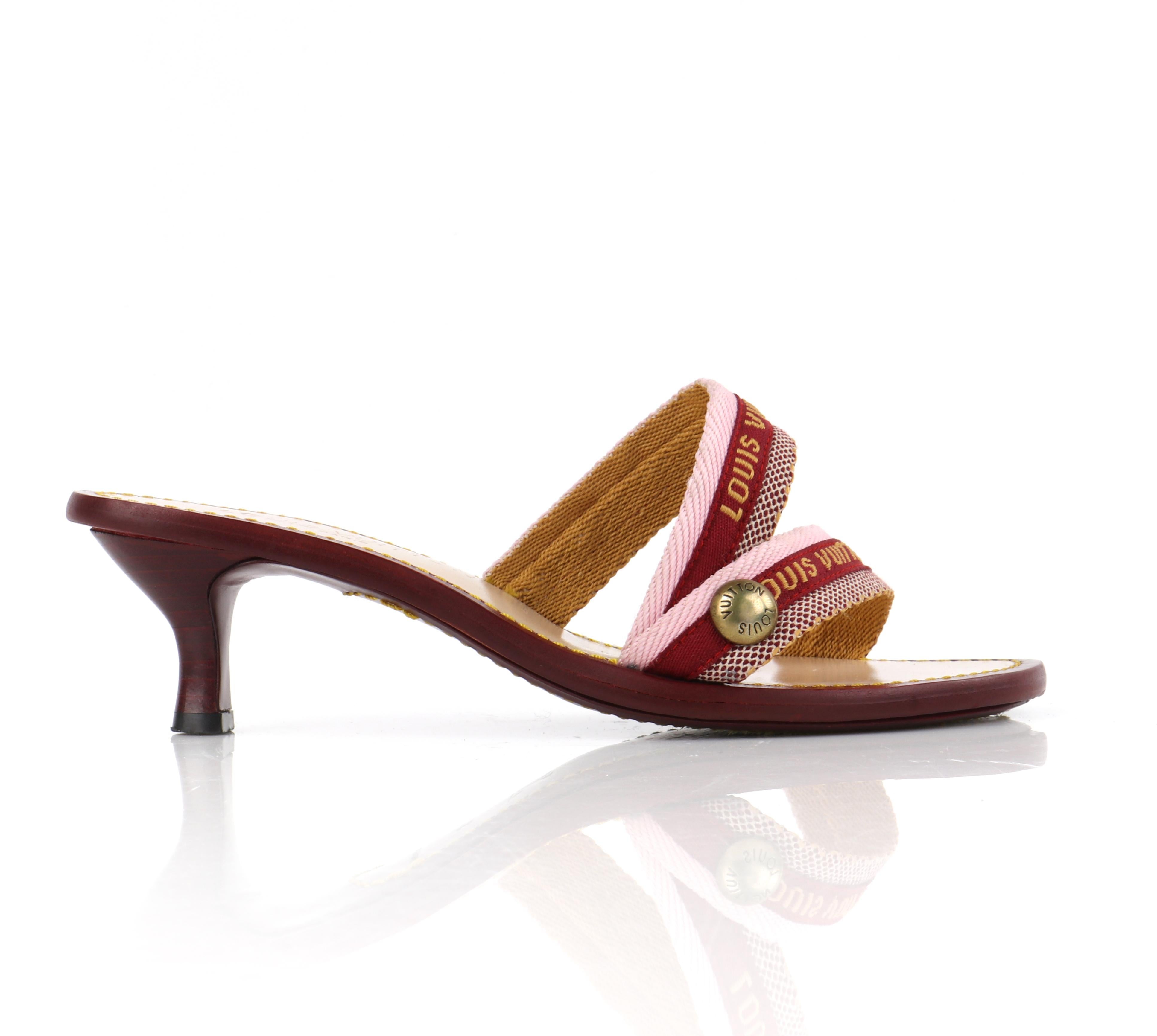 LOUIS VUITTON Burgundy Pink Logo Embroidered Strappy Slide Sandal Kitten Heels
  
Brand / Manufacturer: Louis Vuitton
Designer: Marc Jacobs
Style: Sandals
Marked Size: 37
Color(s): Shades of red (exterior, soles); pink, white, golden yellow