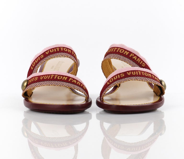 LOUIS VUITTON Burgundy Pink Logo Embroidered Strappy Slide Sandal