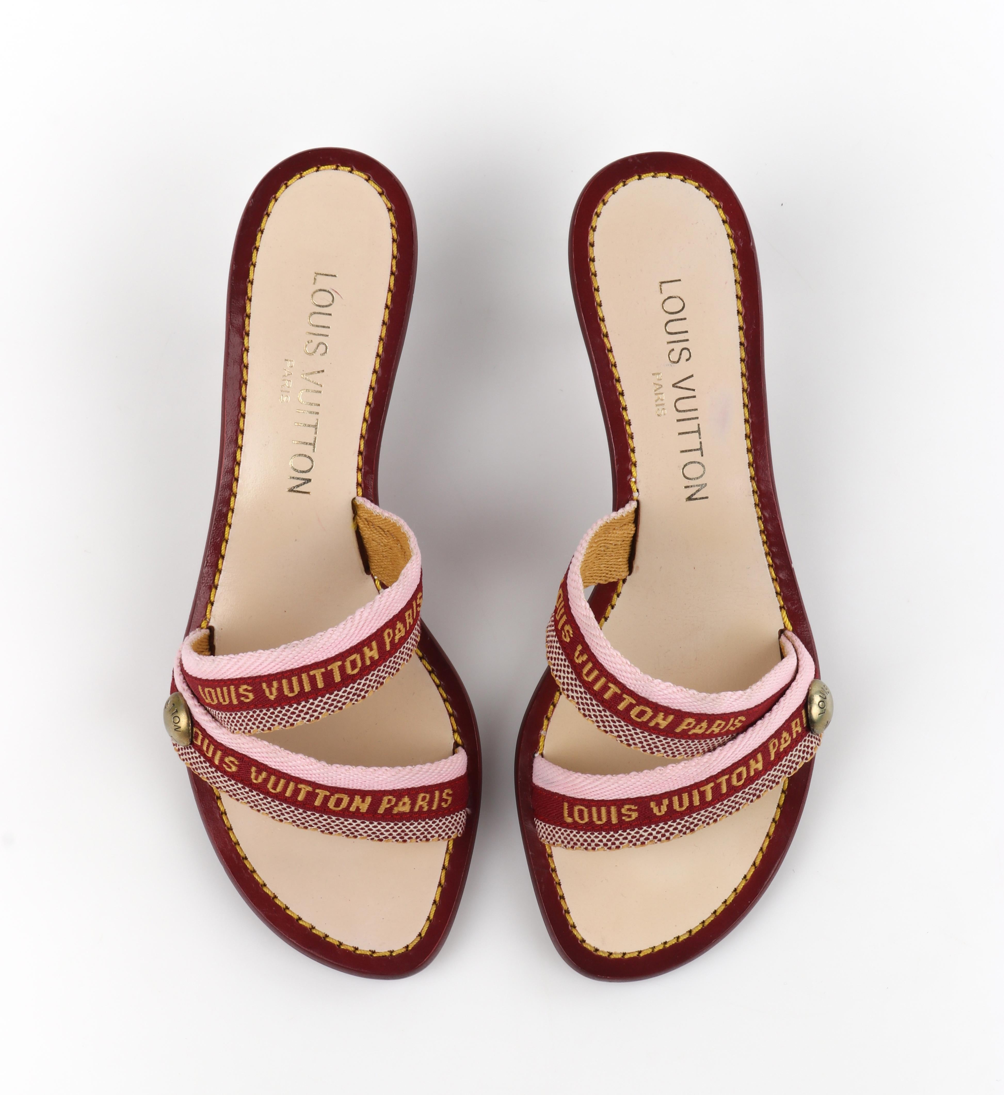 LOUIS VUITTON Burgundy Pink Logo Embroidered Strappy Slide Sandal Kitten Heels 1