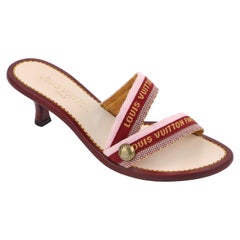 LOUIS VUITTON Burgundy Pink Logo Embroidered Strappy Slide Sandal Kitten Heels