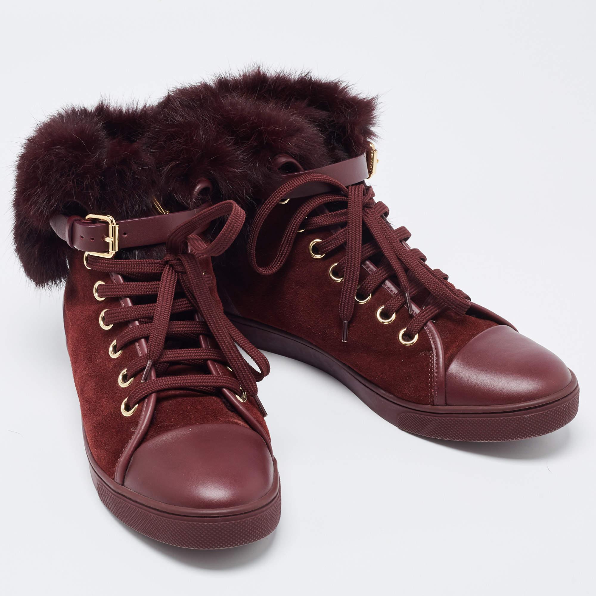 Women's Louis Vuitton Burgundy Suede, Leather and Fur High Top Sneakers Size 38.5