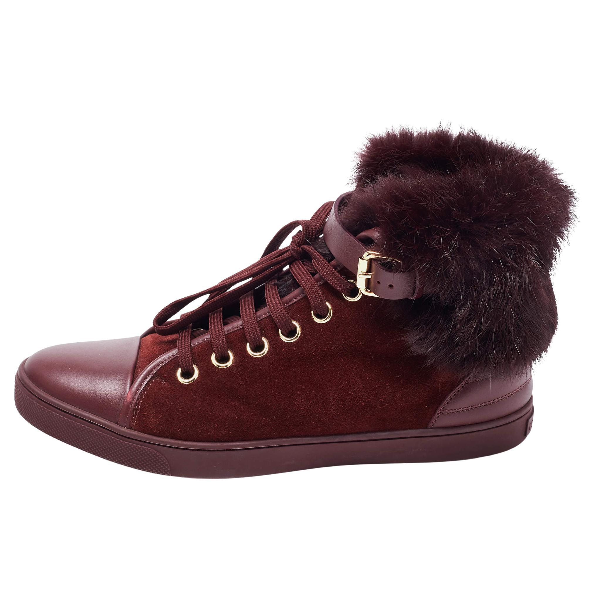 Louis Vuitton Burgundy Suede, Leather and Fur High Top Sneakers Size 38.5