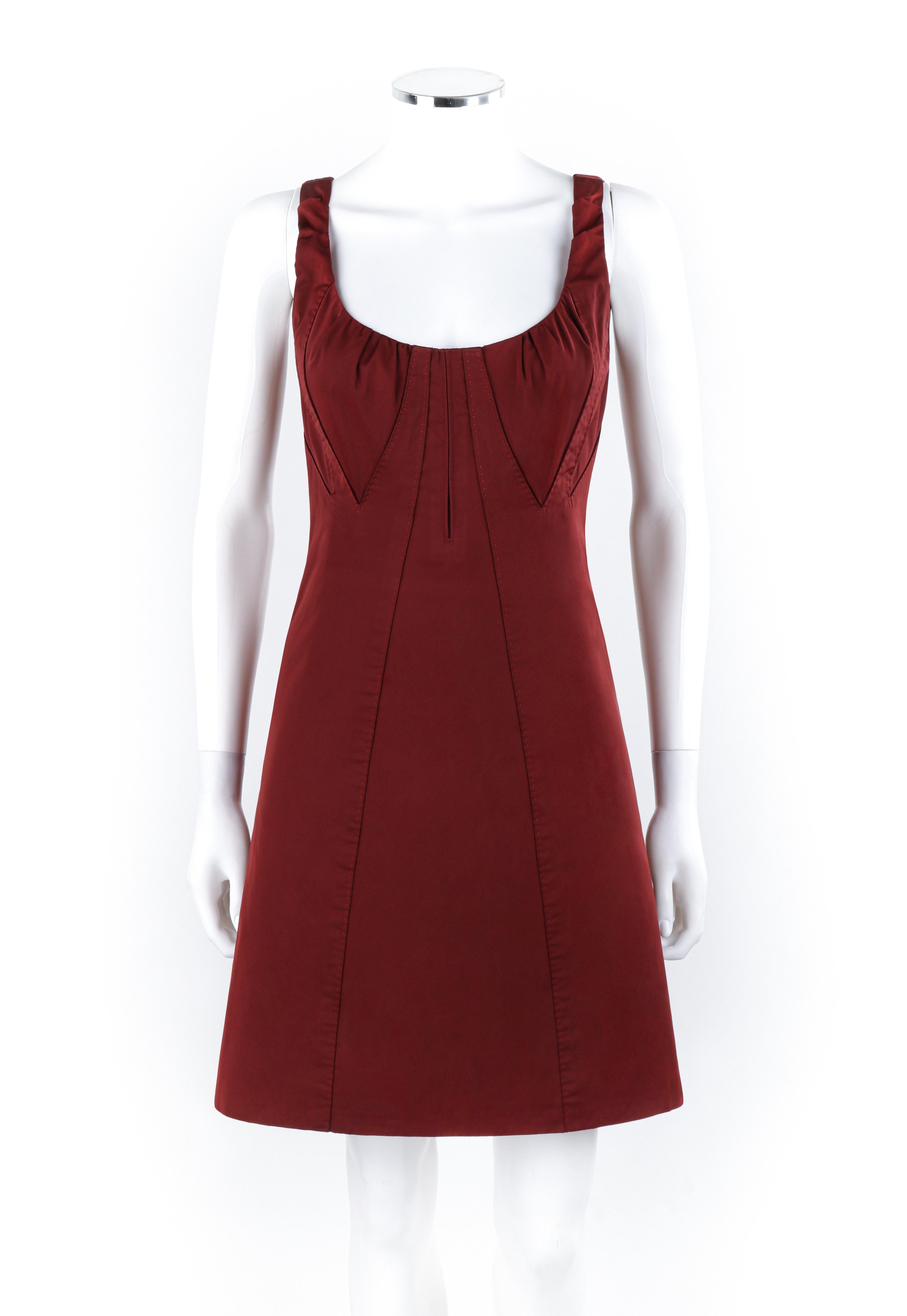 LOUIS VUITTON c.2000’s Burgundy Red Avant Garde Sleeveless Bustier A-Line Dress
 
Brand / Manufacturer: Louis Vuitton
Circa: 2000’s  
Style: A-line dress
Color(s): Burgundy red
Lined: Yes
Unmarked Fabric Content (feel of): Silk Taffeta
Additional