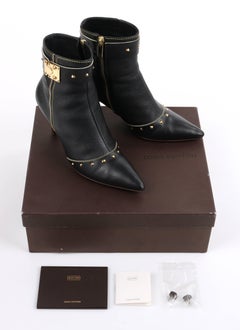 LOUIS VUITTON c.2003 "Suhali" Black Leather Gold Studded Pointed Toe Ankle Boots