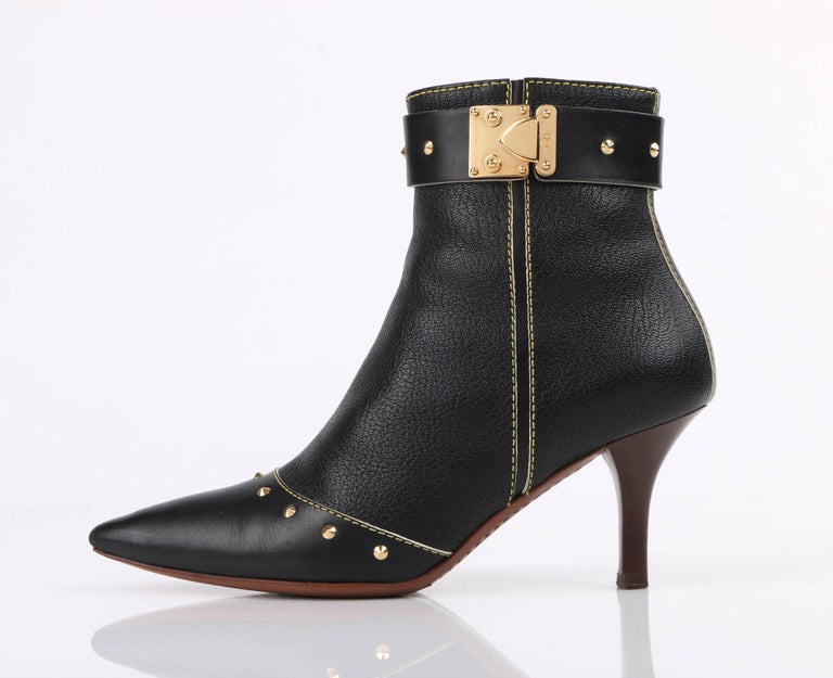LOUIS VUITTON c.2003 &quot;Suhali&quot; Black Leather Gold Studded Pointed Toe Ankle Boots For Sale at 1stDibs