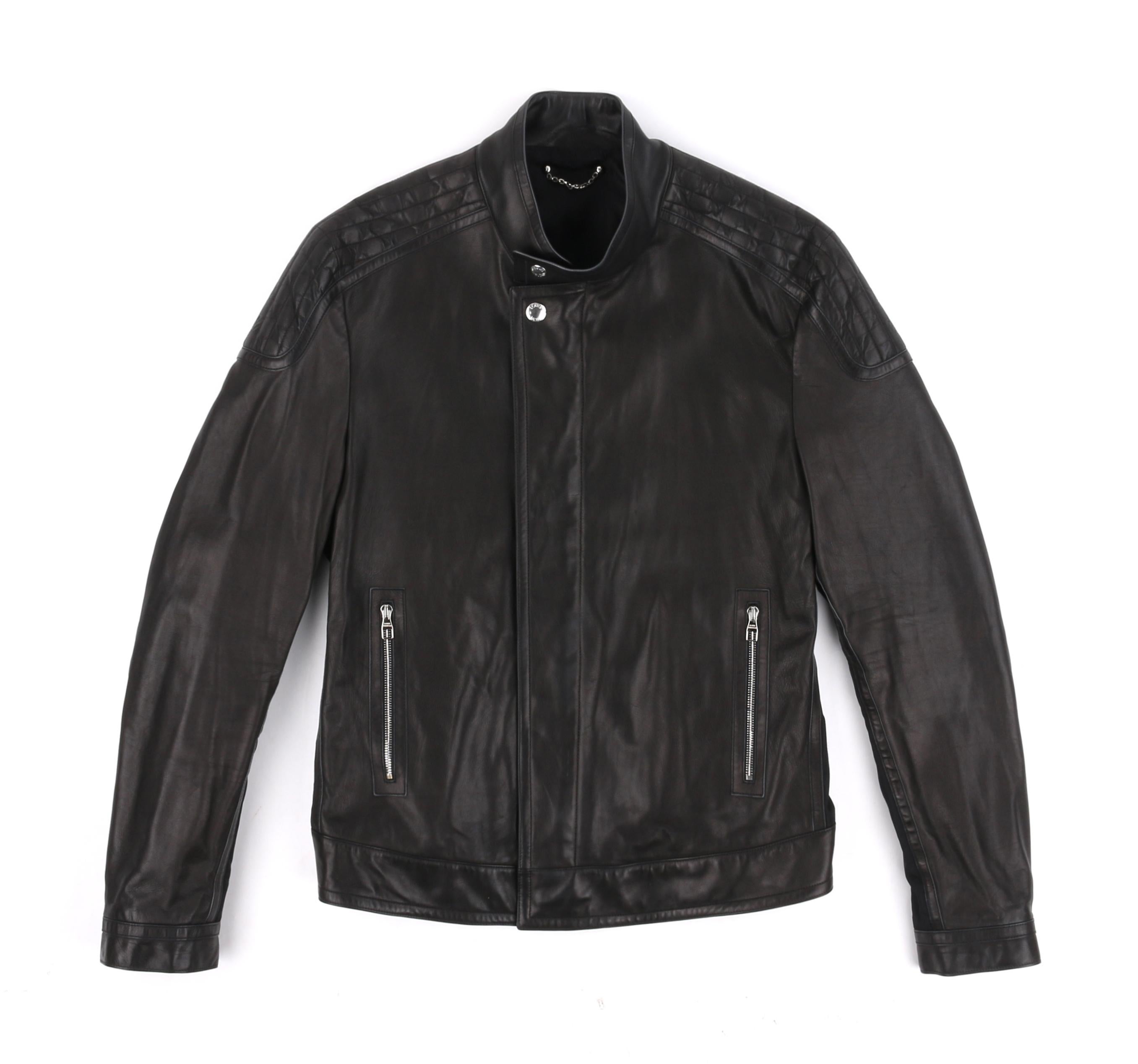 LOUIS VUITTON c.2011 Black Damier Quilted Leather Moto Biker Jacket
 
Brand / Manufacturer: Louis Vuitton
Style: Moto Jacket
Color(s): Black 
Lined: Yes      
Marked Fabric Content: Exterior: 60% Calfskin; 10% Polyamide. Lining: 90% Cupro; 10%
