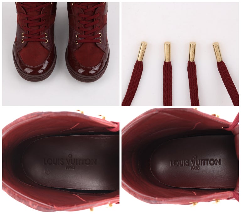 Monogram Cliff LOUIS VUITTON c.2014 Burgundy Bordeaux Monogram Suede Cliff Top Wedge ...