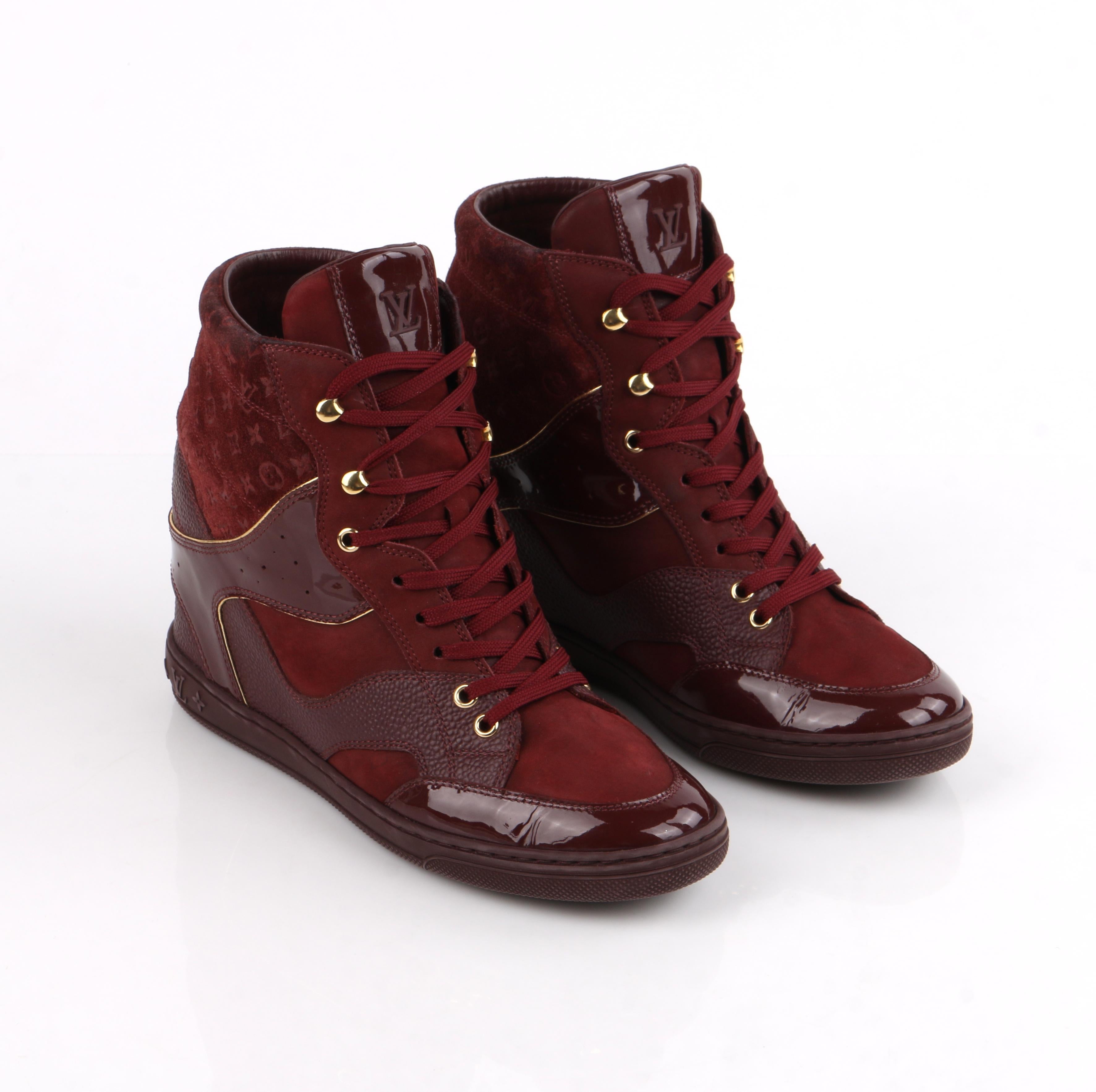 Brown LOUIS VUITTON c.2014 Burgundy Bordeaux Monogram Suede Cliff Top Wedge Sneakers