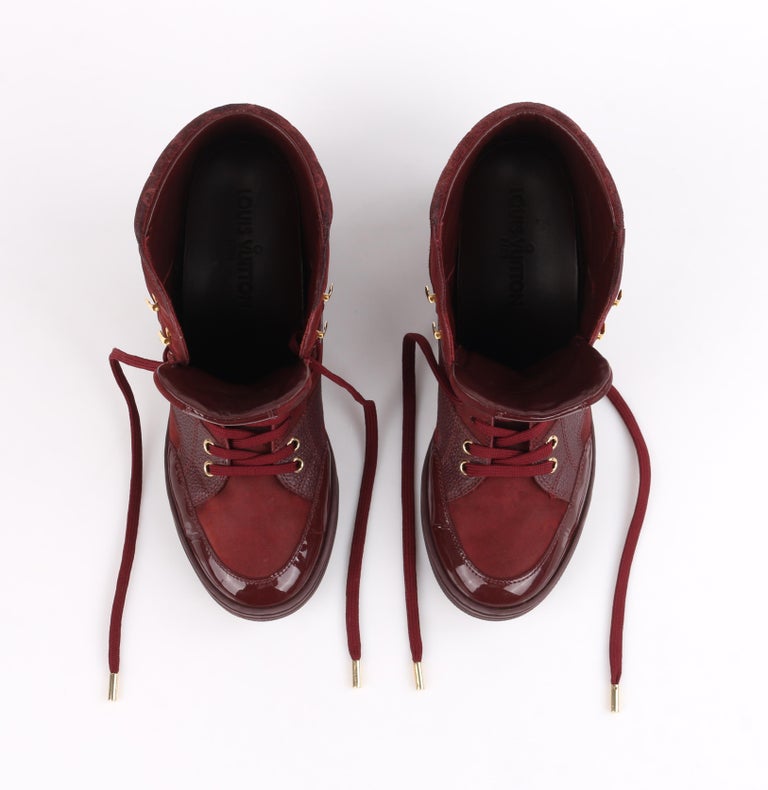 LOUIS VUITTON c.2014 Burgundy Bordeaux Monogram Suede Cliff Top Wedge ...