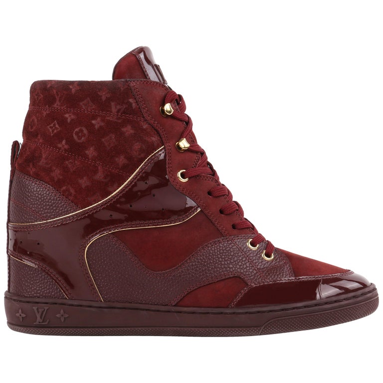 LOUIS VUITTON Burgundy Bordeaux Monogram Suede Cliff Top Wedge  Sneakers