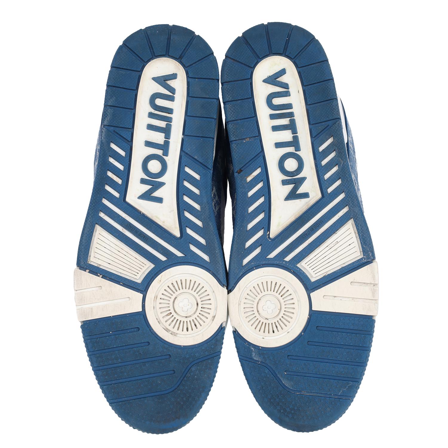 LOUIS VUITTON Calfskin Embossed Monogram Denim Mens LV Trainer Sneakers 8.5 Blue For Sale 5