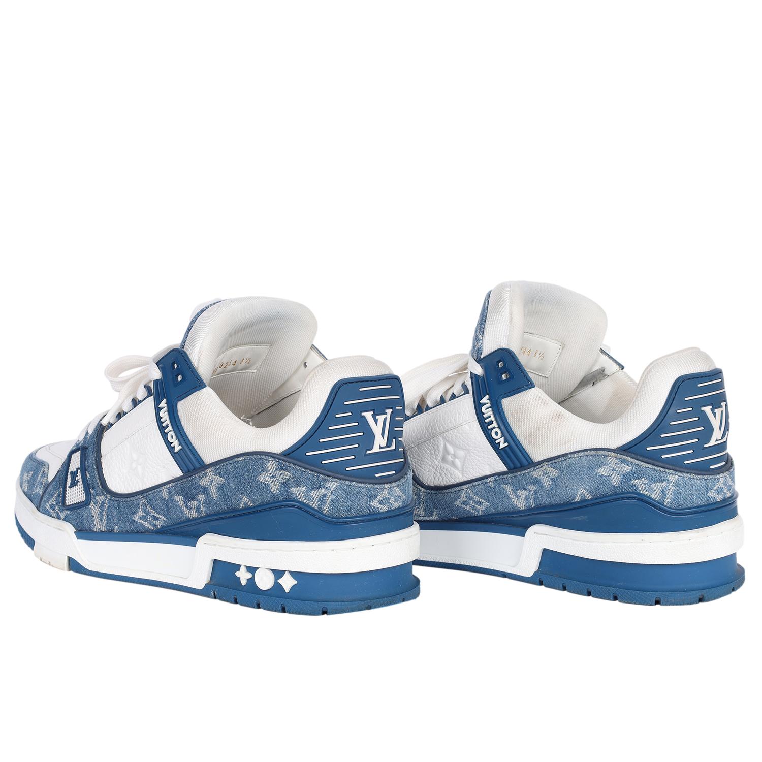 Gray LOUIS VUITTON Calfskin Embossed Monogram Denim Mens LV Trainer Sneakers 8.5 Blue For Sale