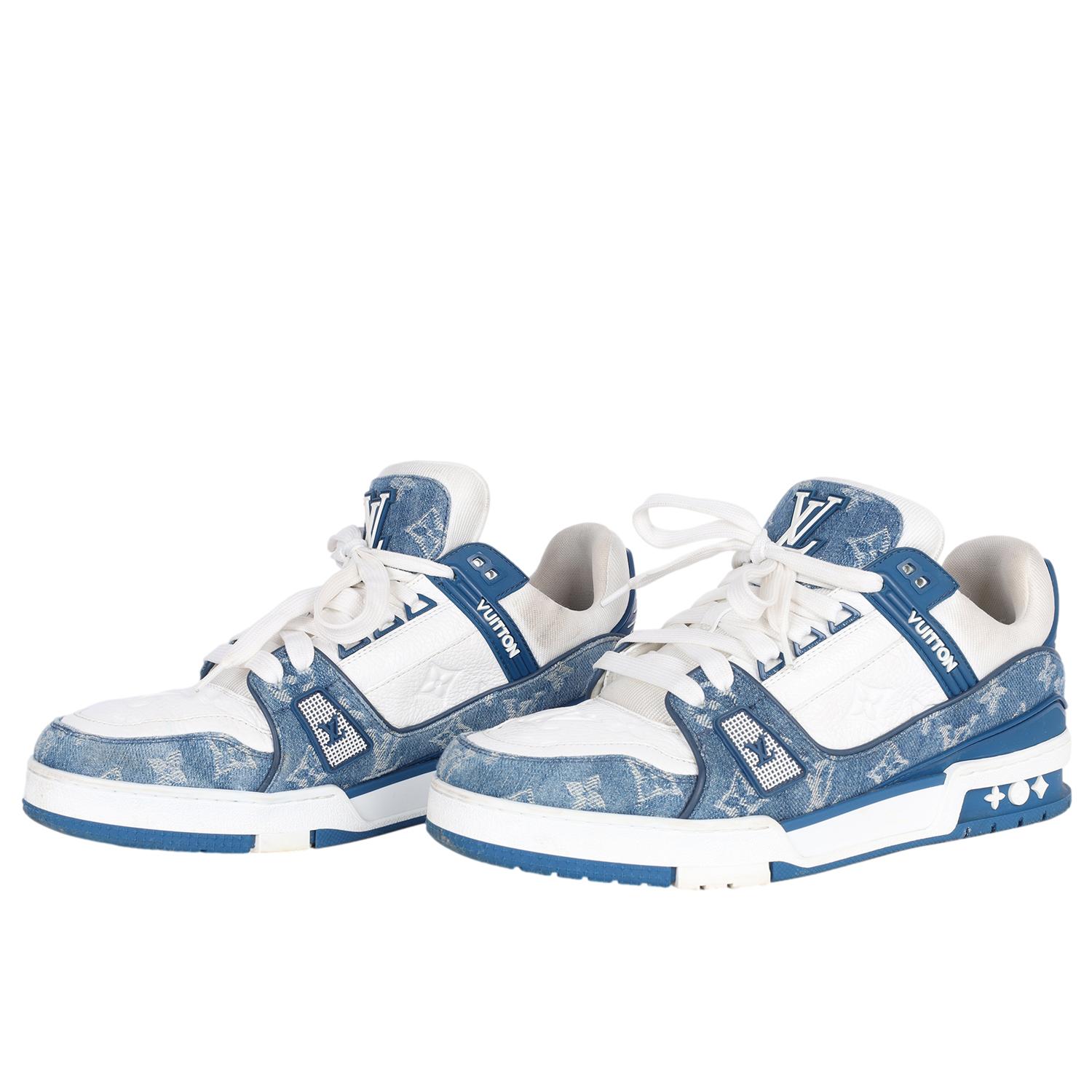 LOUIS VUITTON Calfskin Embossed Monogram Denim Mens LV Trainer Sneakers 8.5 Blue For Sale 1