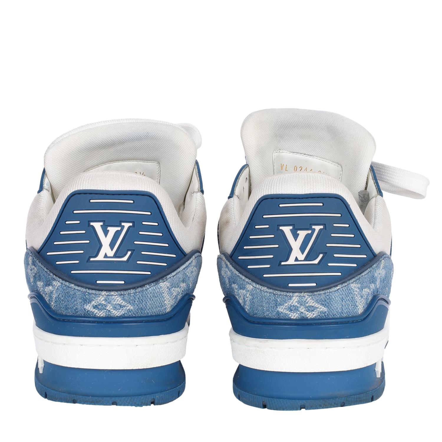LOUIS VUITTON Calfskin Embossed Monogram Denim Mens LV Trainer Sneakers 8.5 Blue For Sale 2