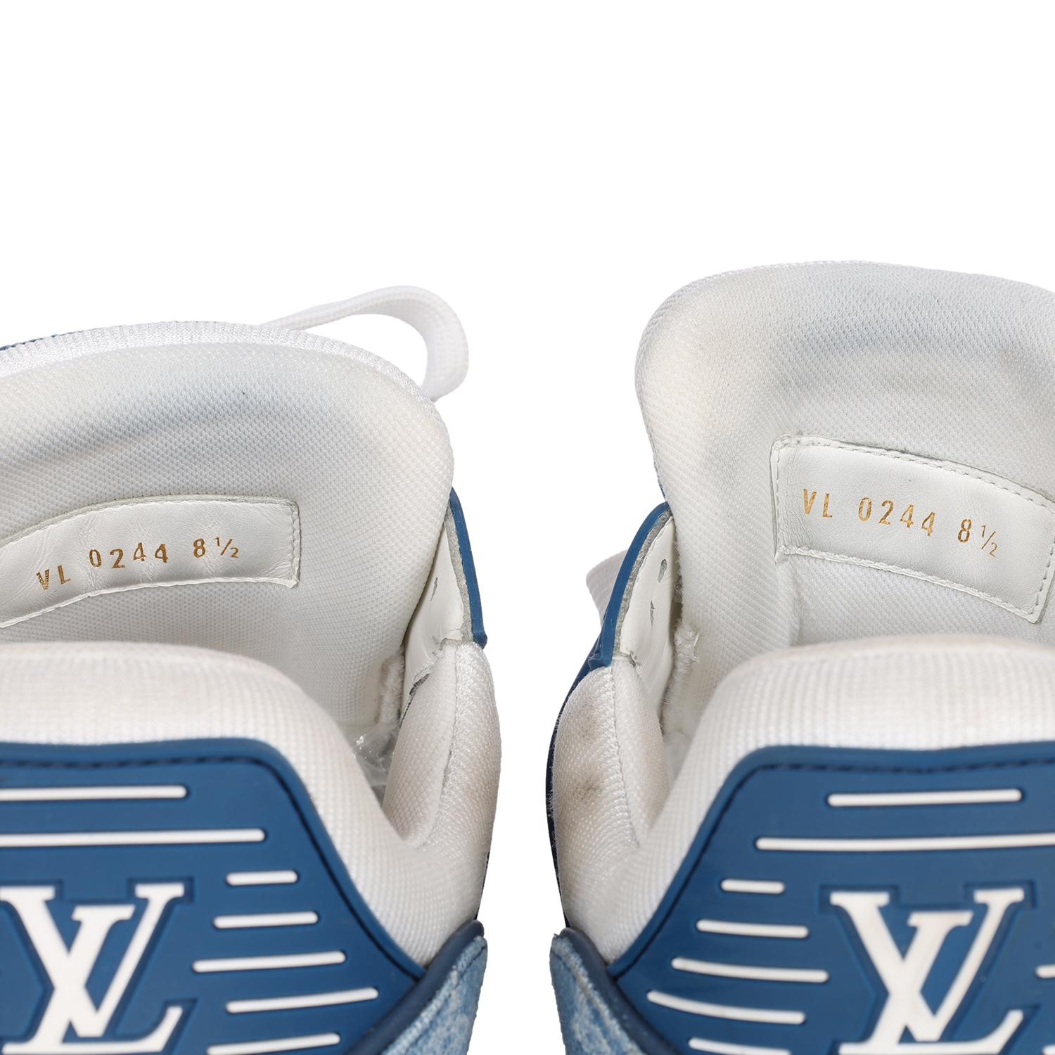 LOUIS VUITTON Calfskin Embossed Monogram Denim Mens LV Trainer Sneakers 8.5 Blue For Sale 3