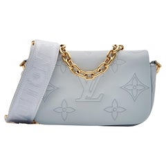 Used Louis Vuitton Calfskin Ice Blue Bubblegram Wallet On Strap Bag