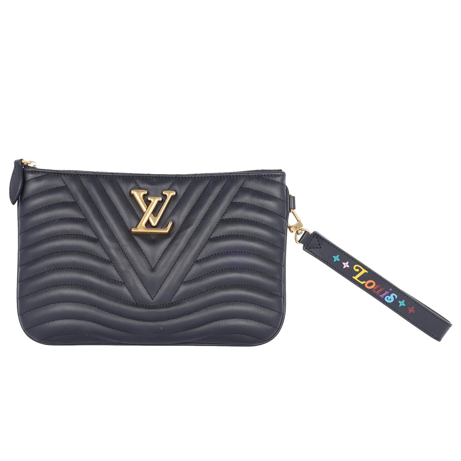 Women's Louis Vuitton Calfskin Wave Zipped Pochette Black Chevron