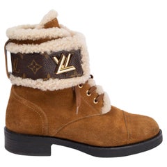 Used LOUIS VUITTON camel brown suede RANGER WONDERLAND SHEARLING Boots Shoes 38.5