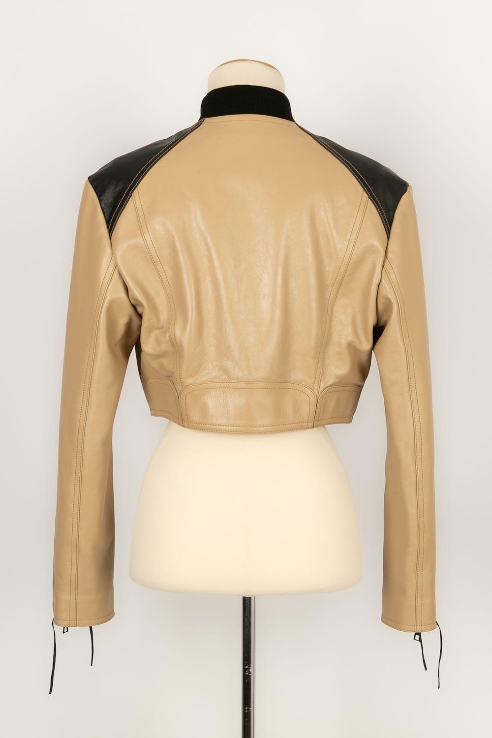 Beige Louis Vuitton Camel Calf Leather Jacket with Black Suede Tie For Sale