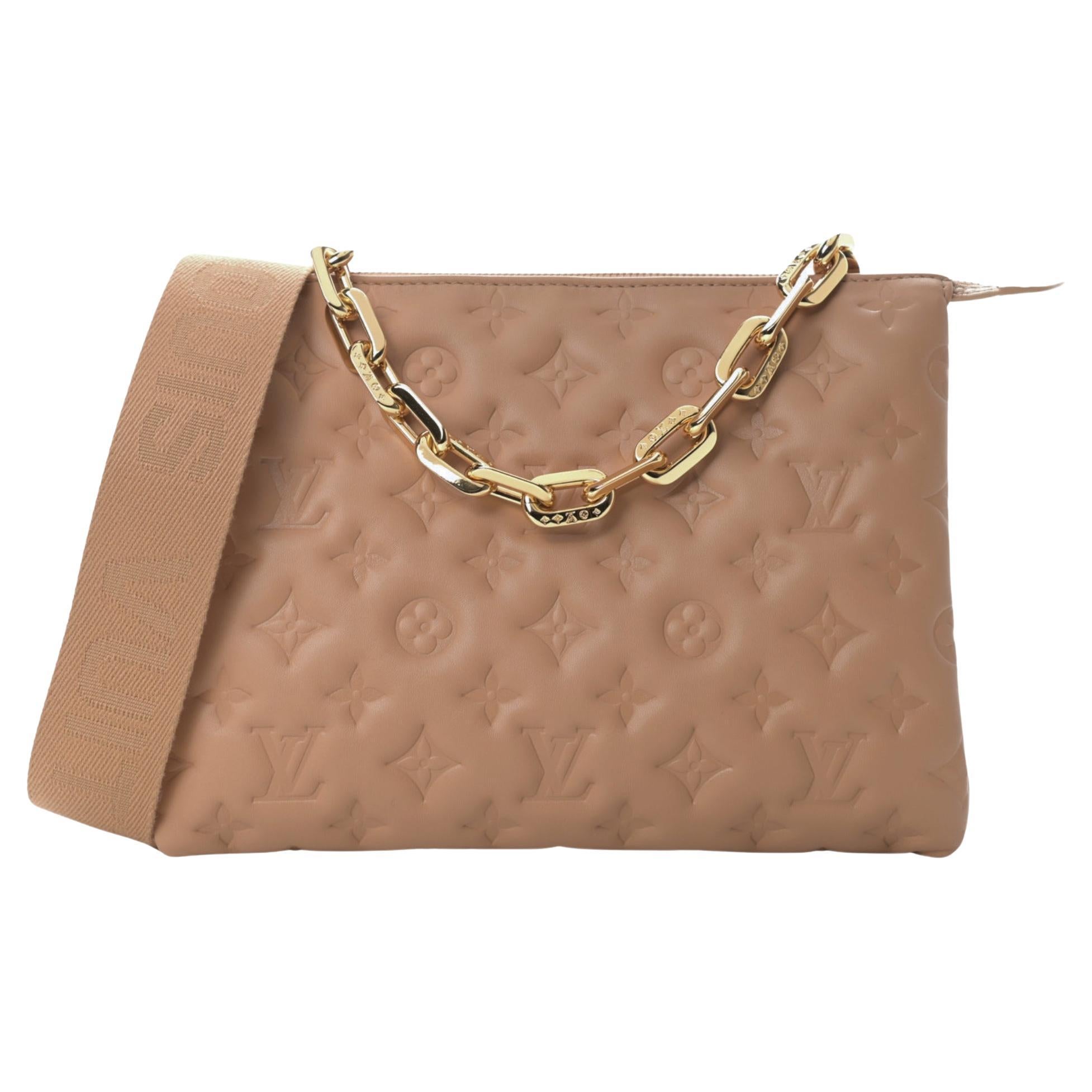 Louis Vuitton Camel Lambskin Embossed Monogram Coussin PM Bag For Sale