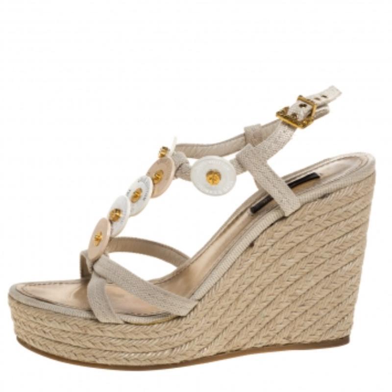 Beige Louis Vuitton Canvas Medallion Leather Espadrille Wedge Platform Sandals Size 37 For Sale