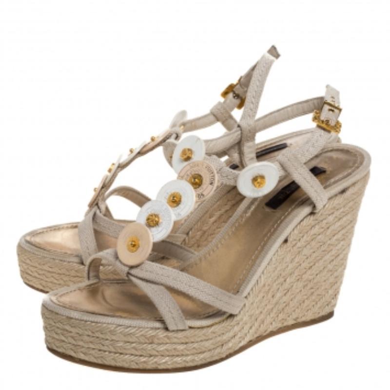 Women's Louis Vuitton Canvas Medallion Leather Espadrille Wedge Platform Sandals Size 37 For Sale