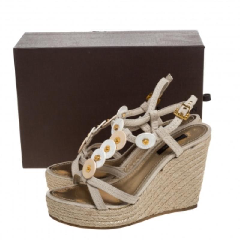 Louis Vuitton Canvas Medallion Leather Espadrille Wedge Platform Sandals Size 37 For Sale 1