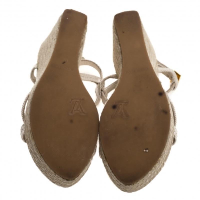 Louis Vuitton Canvas Medallion Leather Espadrille Wedge Platform Sandals Size 37 For Sale 2
