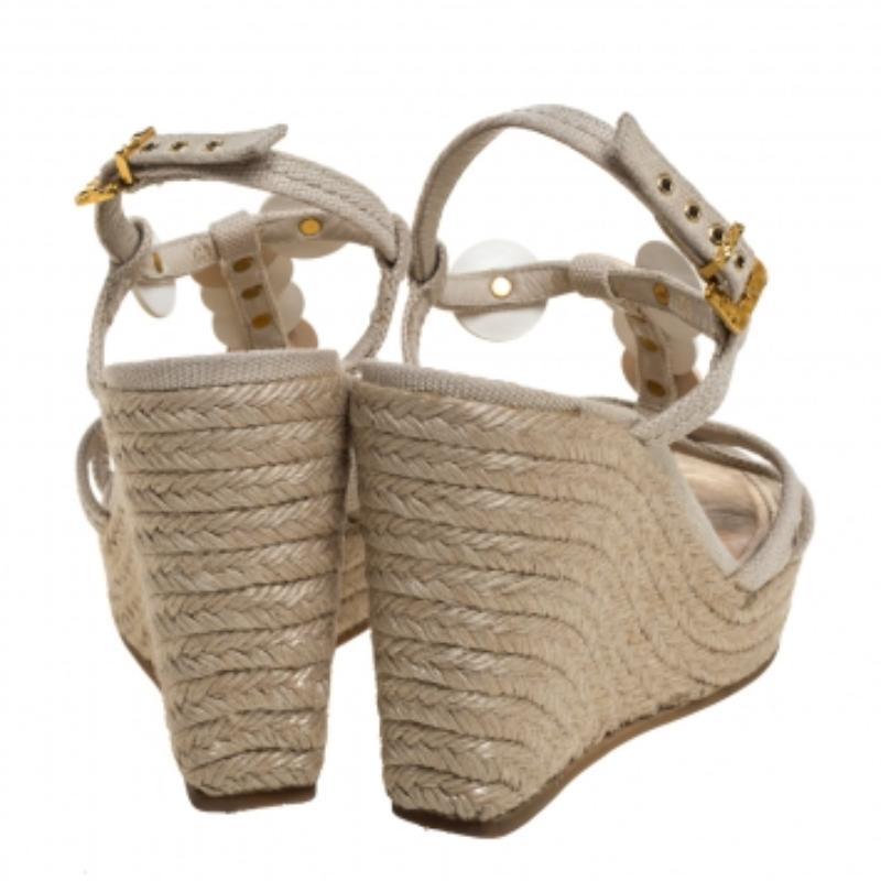 Louis Vuitton Canvas Medallion Leather Espadrille Wedge Platform Sandals Size 37 For Sale 3