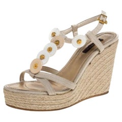 Louis Vuitton Canvas Medallion Leather Espadrille Wedge Platform Sandals Size 37