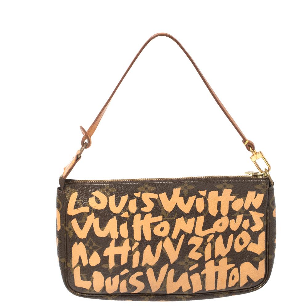 Carry this exclusive Graffiti Pochette Accessoires from the Stephen Sprouse collection that has been adorned by A-listers like Rihanna, Kendal, and Kylie Jenner. The exterior is crafted from monogram canvas adorned with graffiti-style printed text.