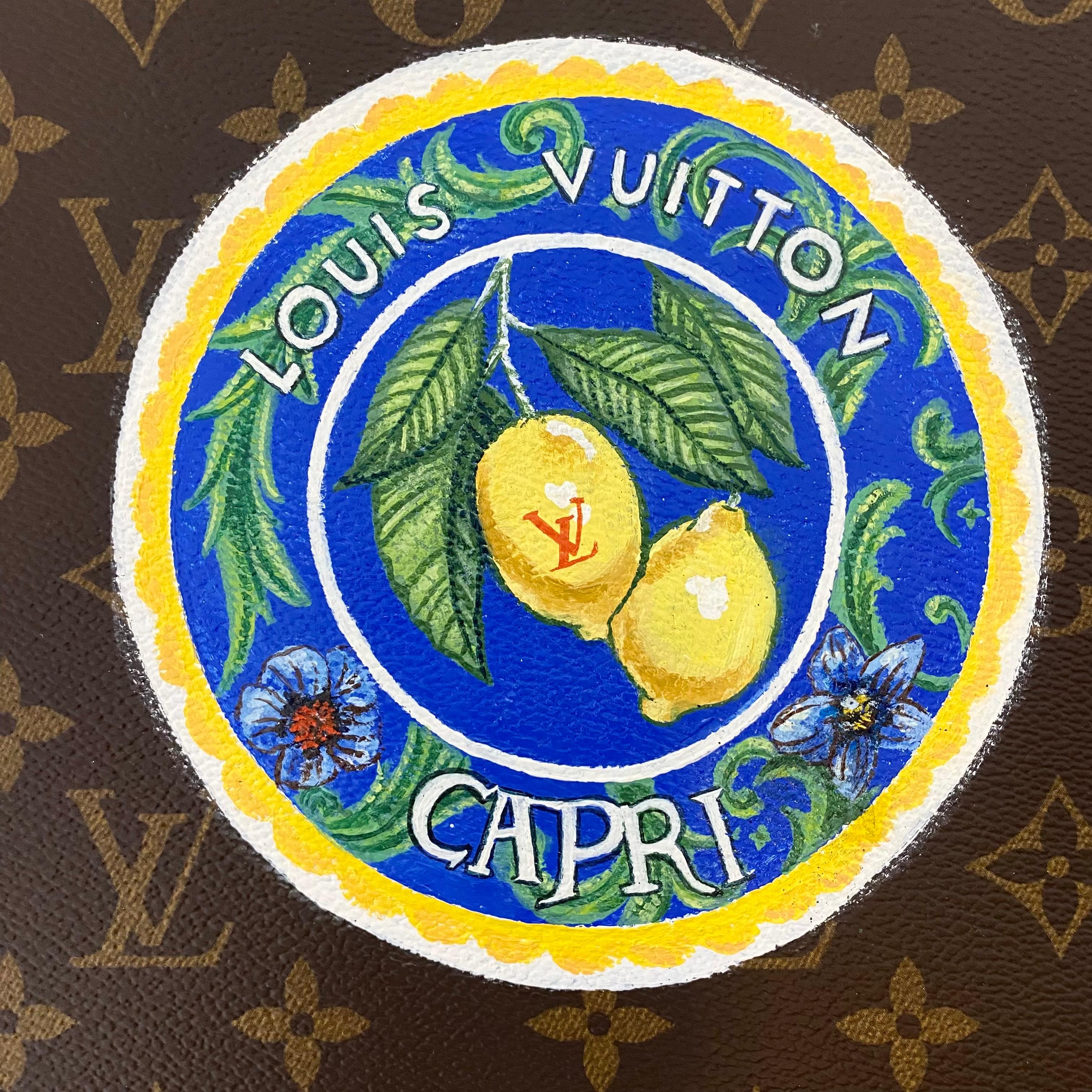 Unusual artwork made on an original piece of Louis Vuitton monogrammed canvas. Hand painted items include a pair of peacocks, a lemon tree, a postage stamp both with the words Capri / Louis Vuitton and initialed lettering. Louis Vuitton was having a