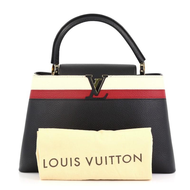 This Louis Vuitton Capucines Handbag Leather MM, crafted in black leather, features a single loop leather handle secured by jewel-like rings, frontal flap, and gold-tone hardware. Its flap can be tucked inside to reveal the LV logo and opens to a
