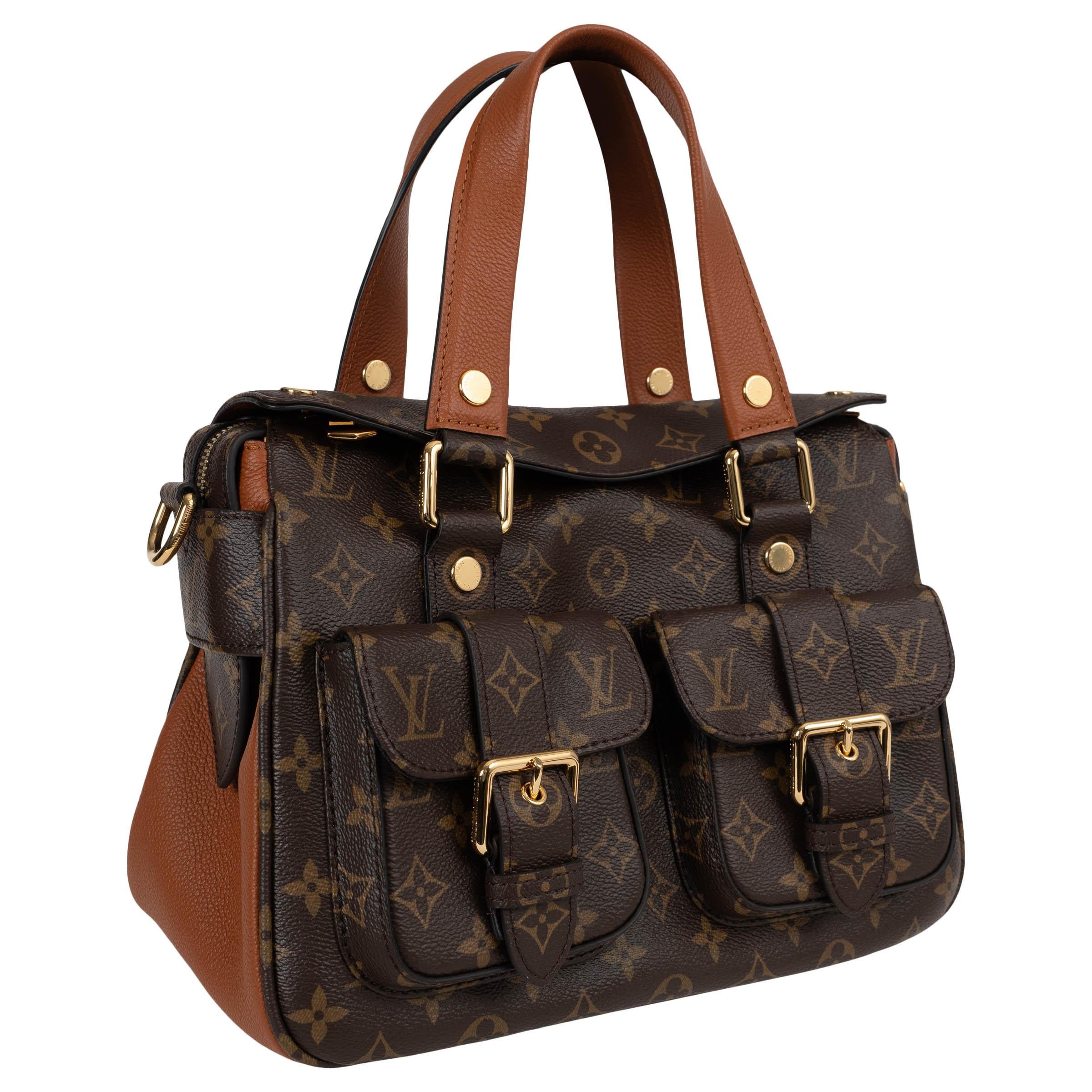 This 100% authentic Louis Vuitton Manhattan NM bag in classic Monogram canvas and Caramel brown leather combines timeless elegance with utilitarian detail. It features structured flap top handles and a detachable leather shoulder strap for versatile