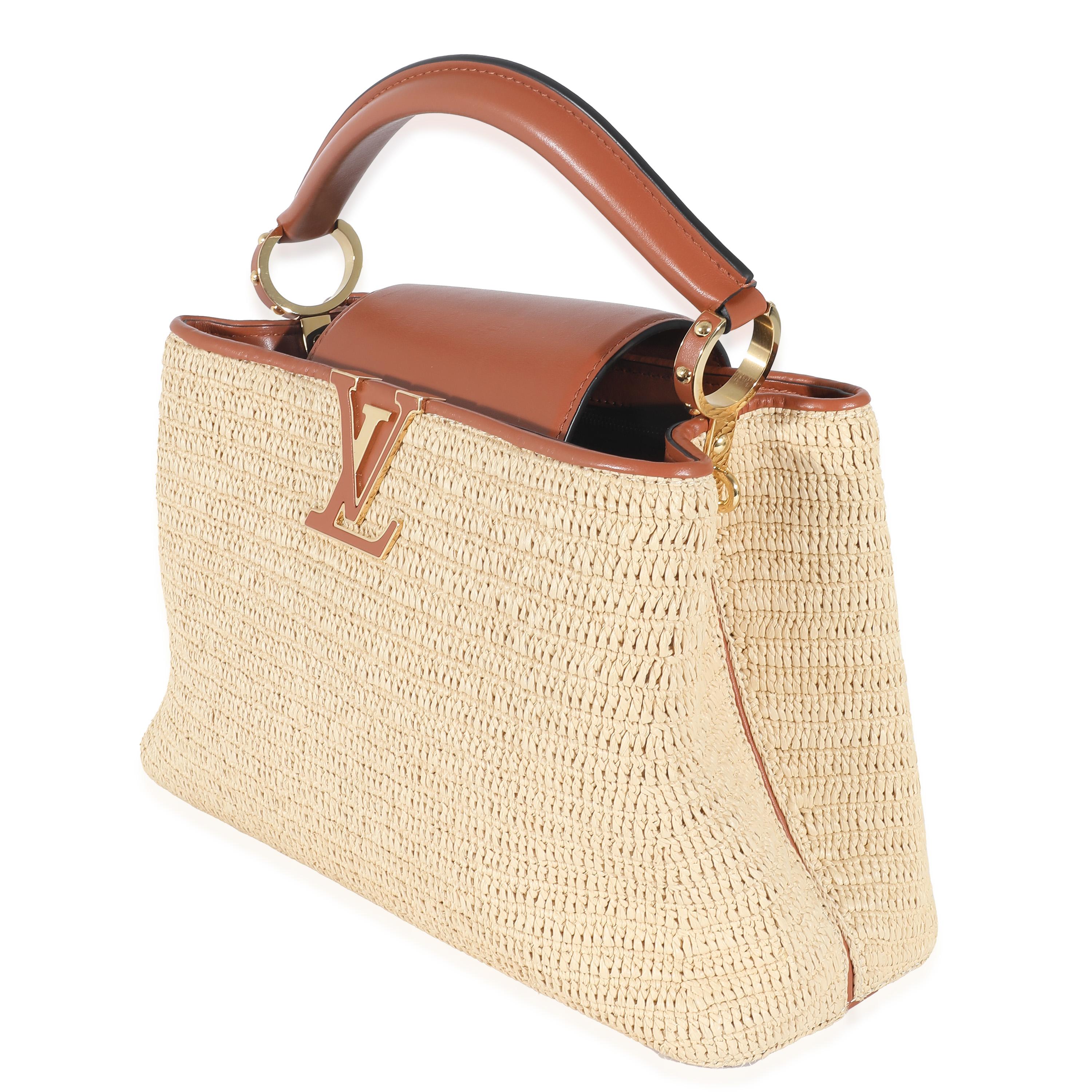 Louis Vuitton Caramel Leather & Beige Raffia Capucines MM In Excellent Condition In New York, NY