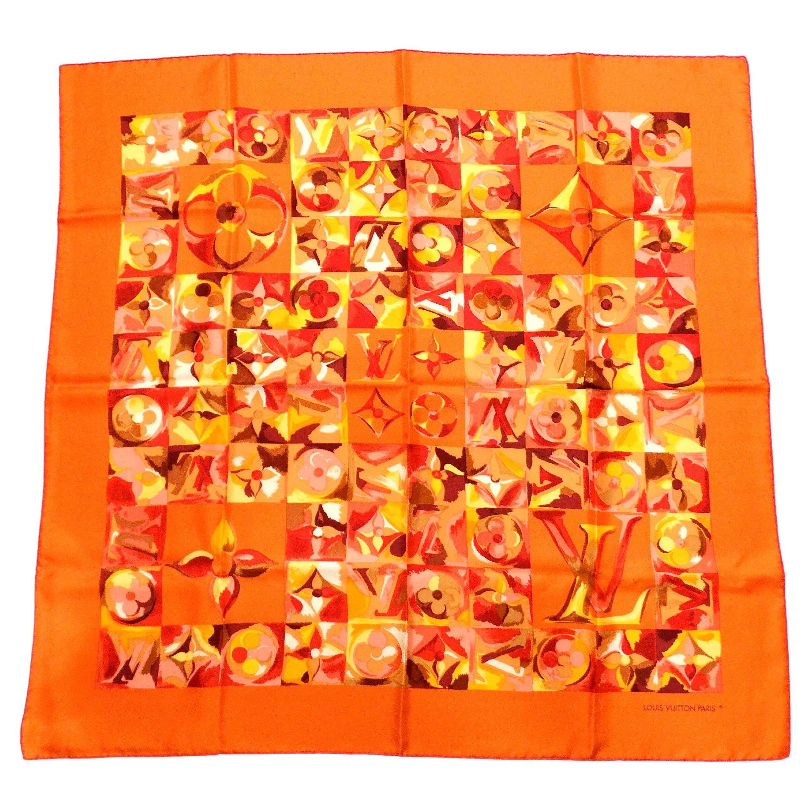 Louis Vuitton "Carre Au Fil Dua Temps" Orange Monogram Silk Print Scarf For Sale