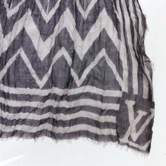 LOUIS VUITTON cashmere silk blend grey black chevron stripe logo frayed scarf