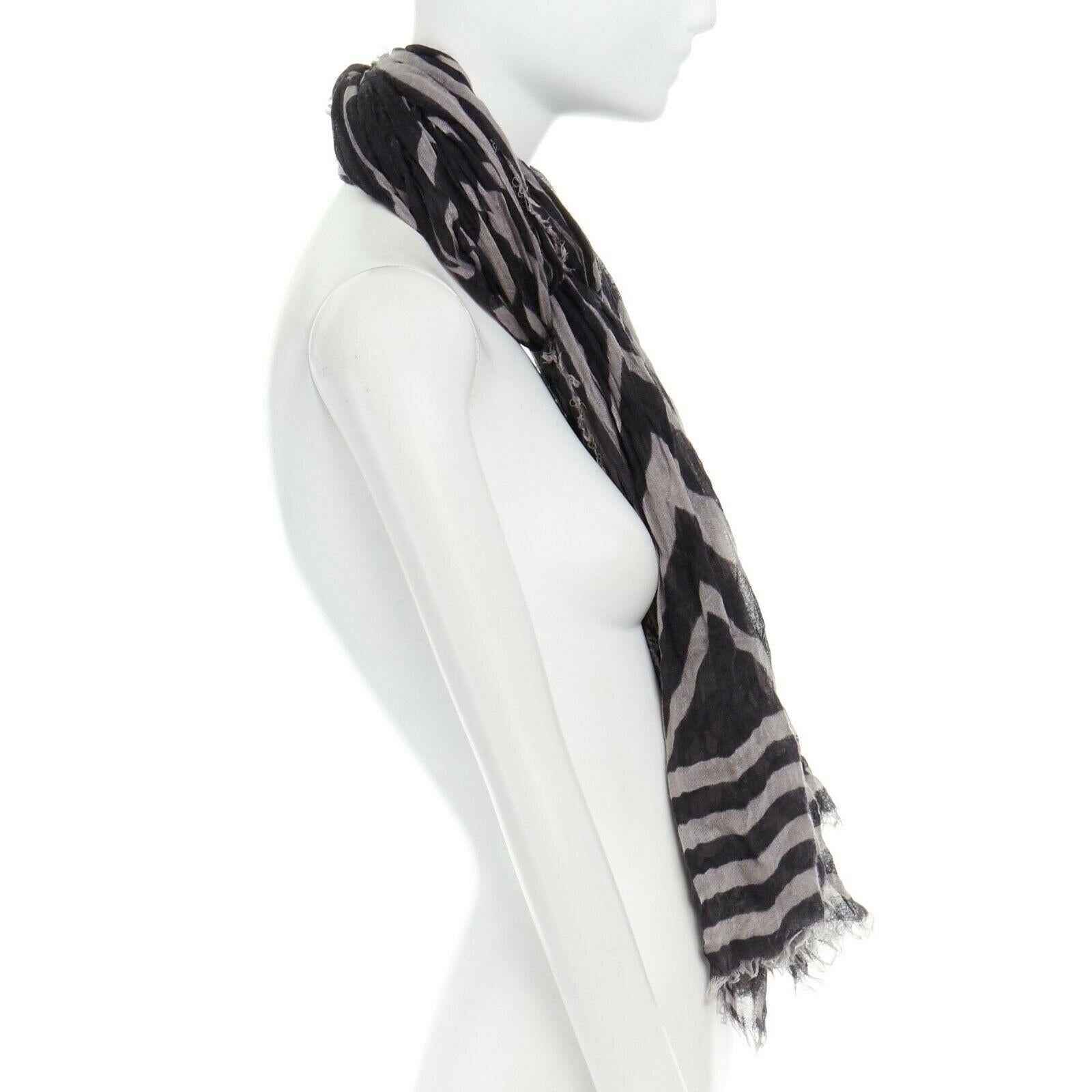 Black LOUIS VUITTON cashmere silk blend grey black chevron stripe logo frayed scarf