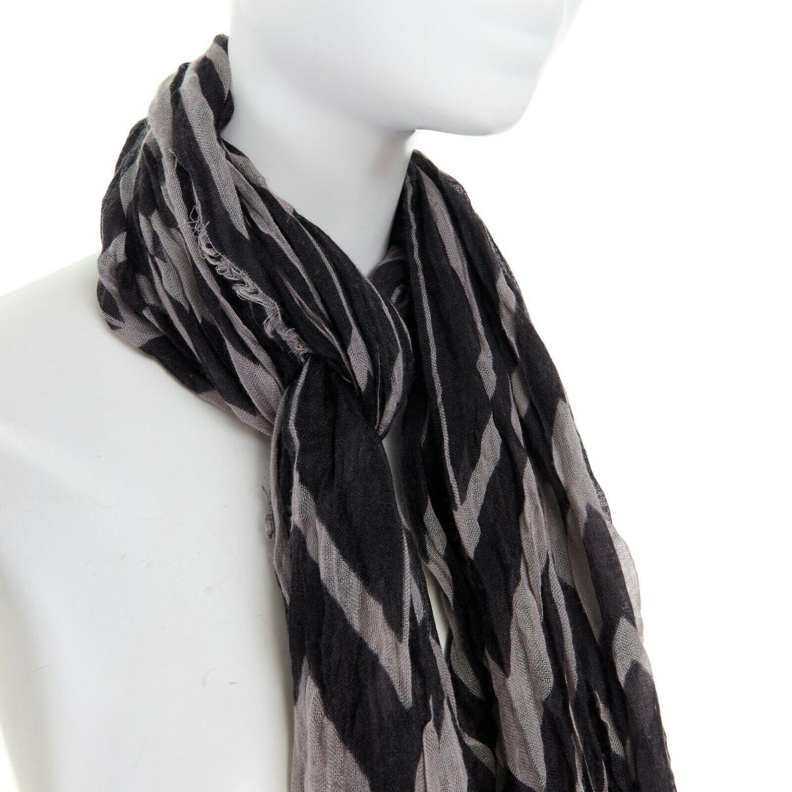 Women's LOUIS VUITTON cashmere silk blend grey black chevron stripe logo frayed scarf