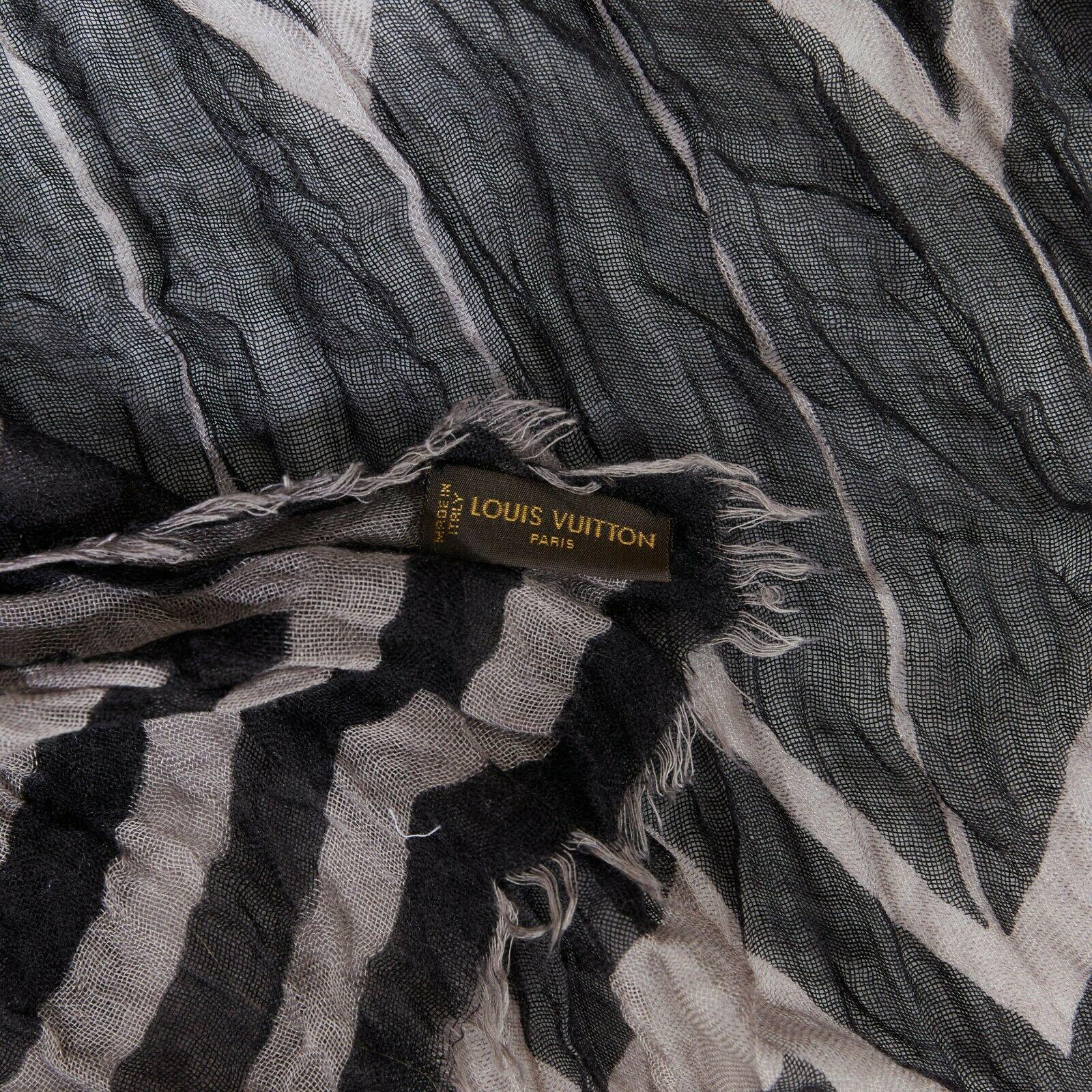 LOUIS VUITTON cashmere silk blend grey black chevron stripe logo frayed scarf 2