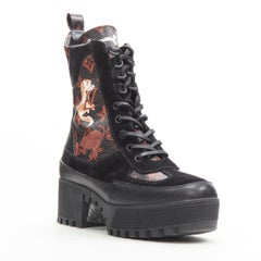 LOUIS VUITTON Catogram black monogram cat print suede trim combat boot EU37
