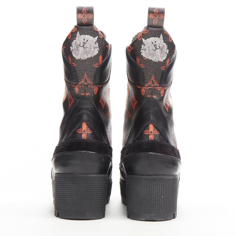 LOUIS VUITTON Catogram black monogram cat print suede trim combat