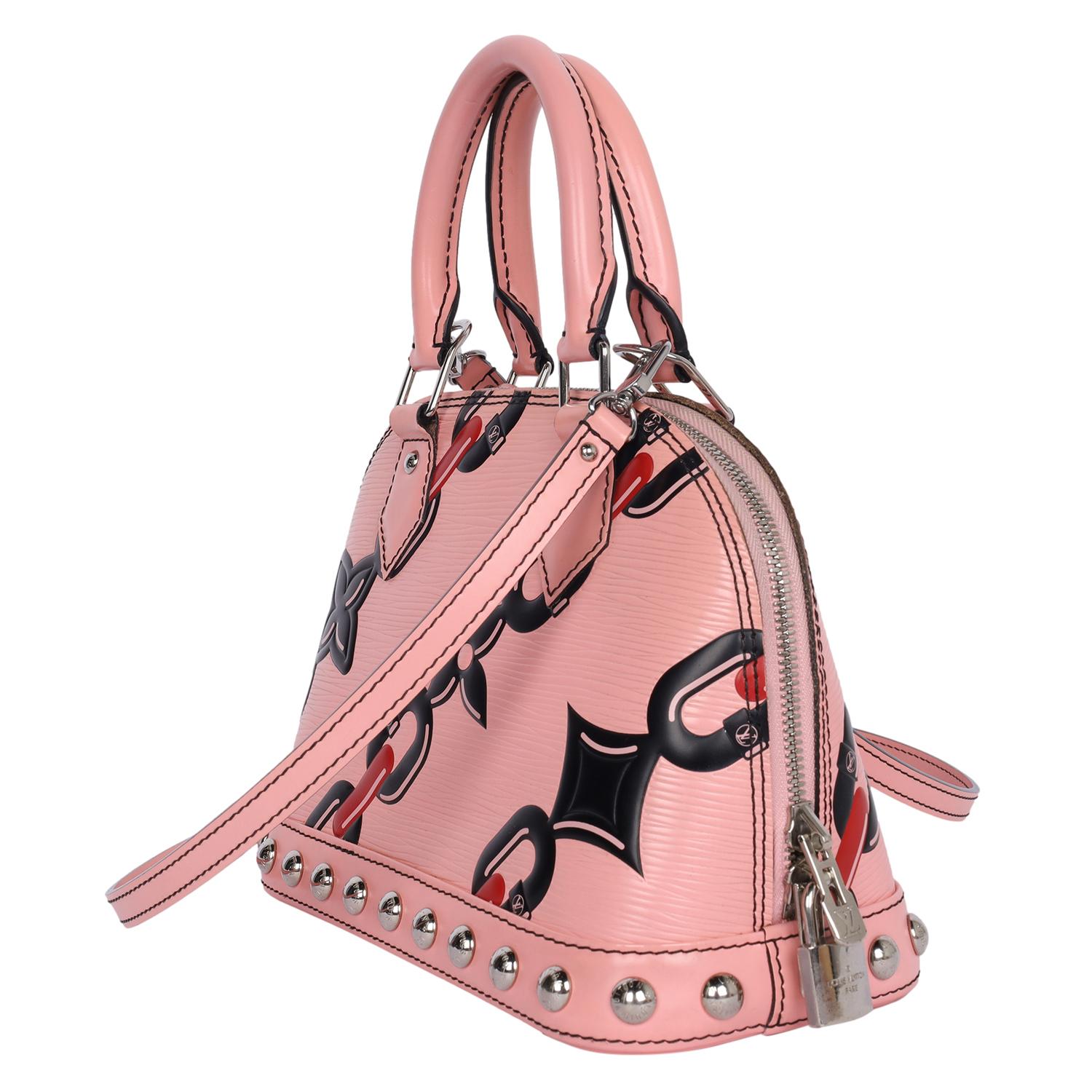 Louis Vuitton - Mini sac à bandoulière rose Alma BB en cuir avec chaîne et fleurs en vente 5