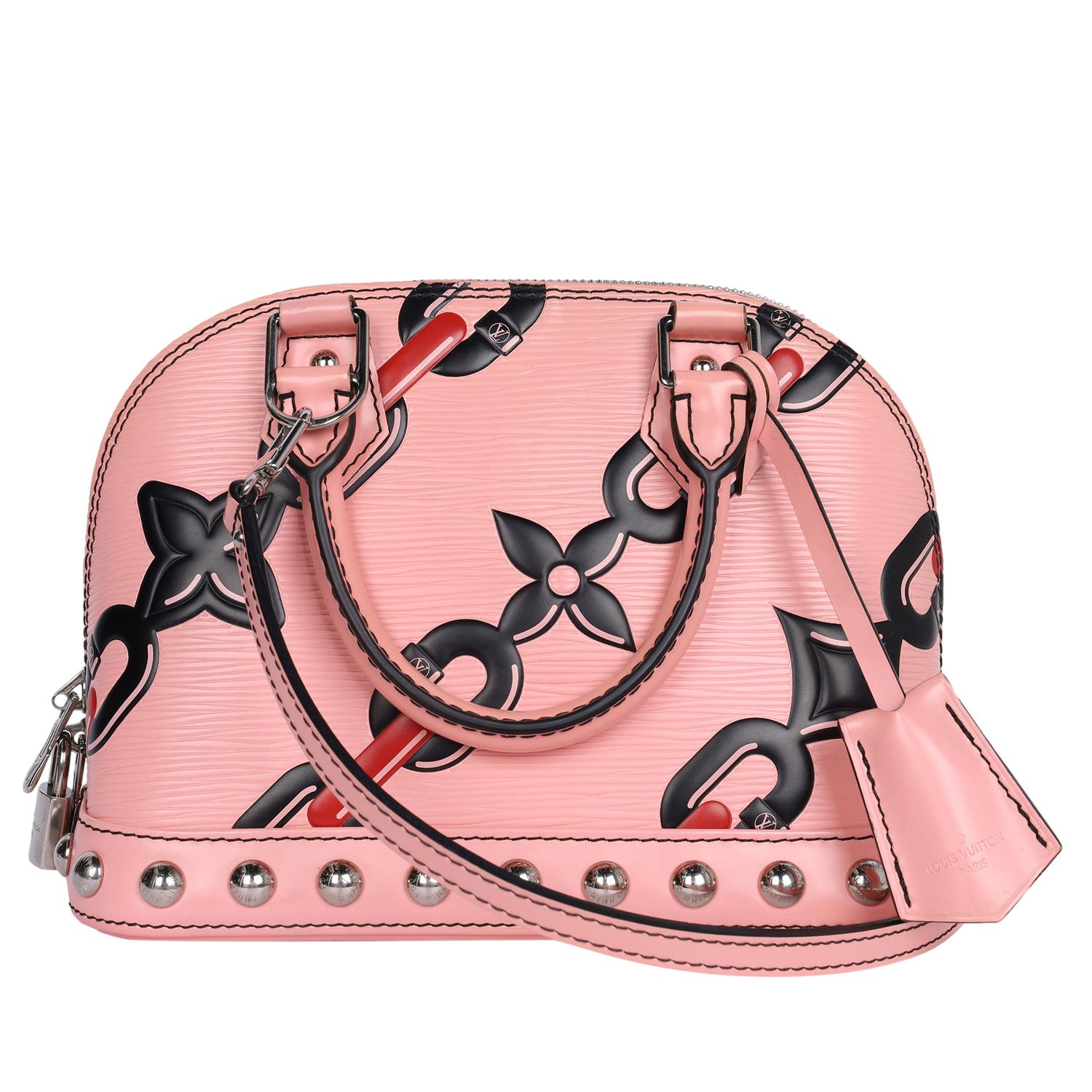 Louis Vuitton - Mini sac à bandoulière rose Alma BB en cuir avec chaîne et fleurs en vente 1