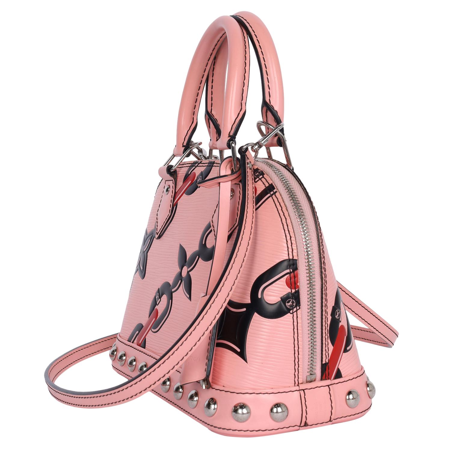 Louis Vuitton - Mini sac à bandoulière rose Alma BB en cuir avec chaîne et fleurs en vente 3