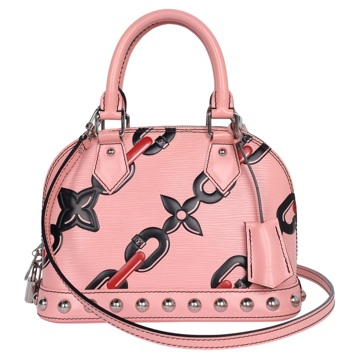 Louis Vuitton - Mini sac à bandoulière rose Alma BB en cuir avec chaîne et fleurs en vente